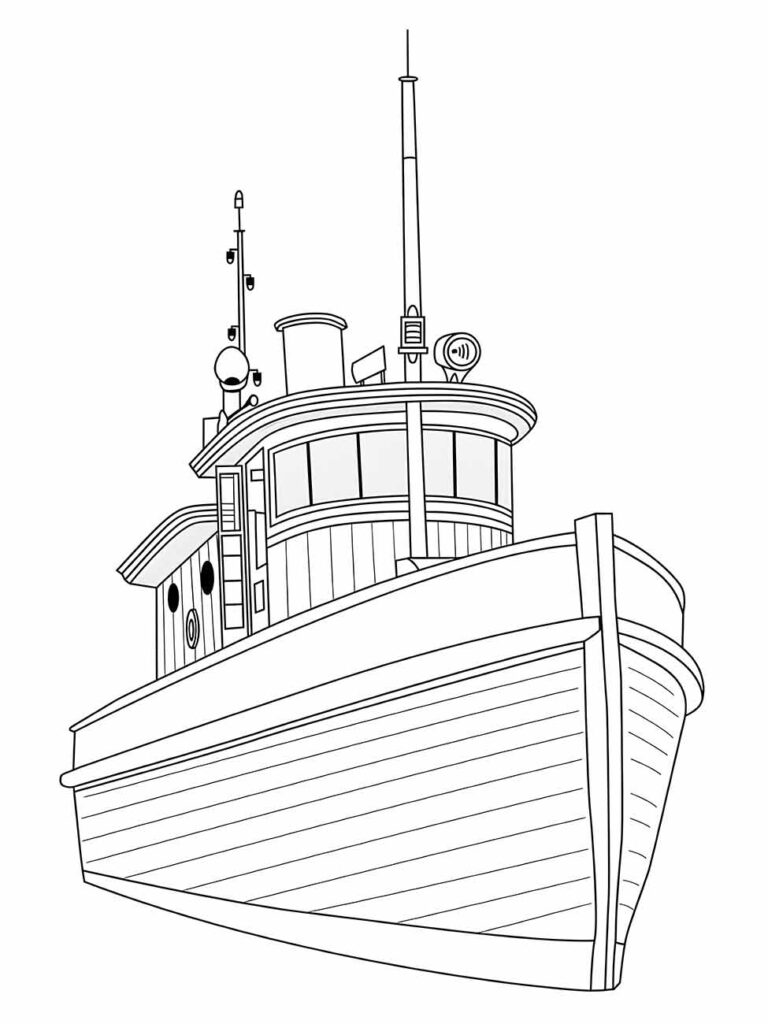 Desenho para colorir de um barco de pesca com detalhes da cabine e equipamento no convés.