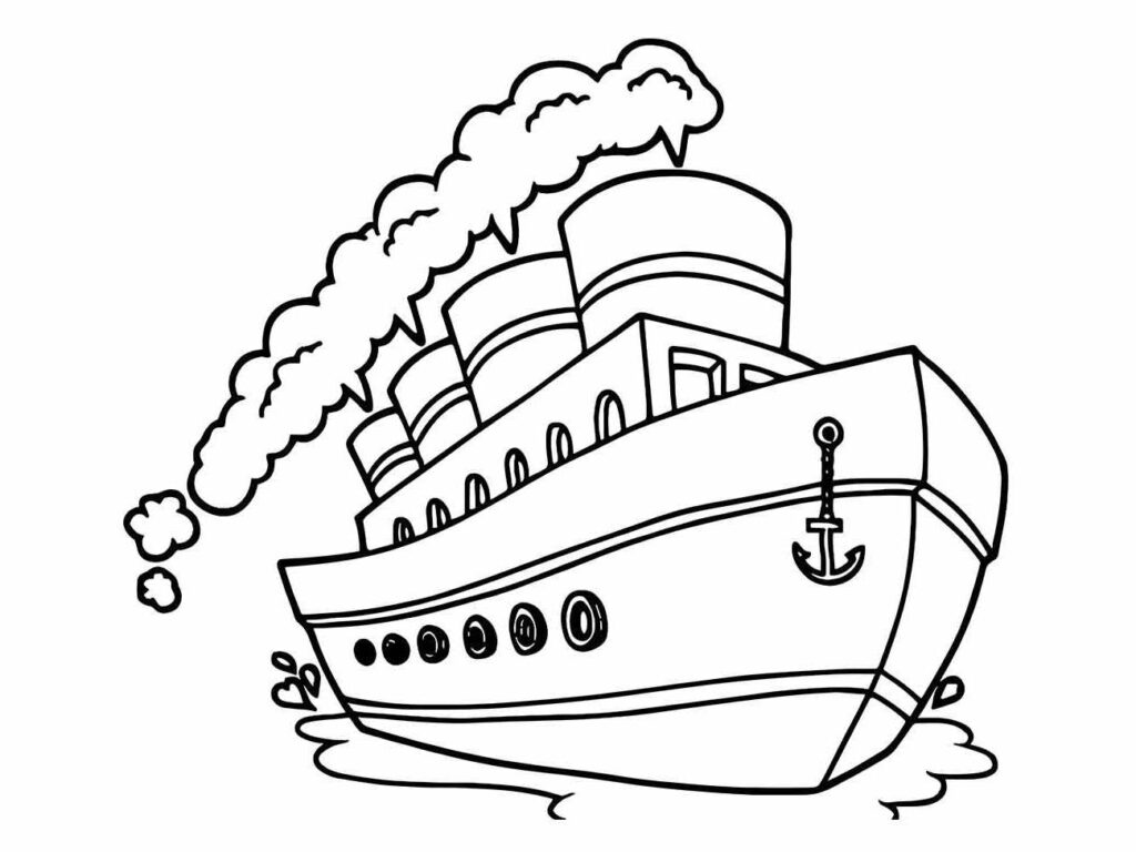 Desenho para colorir de um grande navio a vapor com chaminés fumegantes.