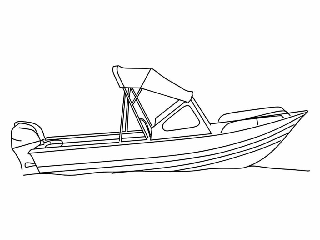 Desenho para colorir de um pequeno barco a motor com um toldo.