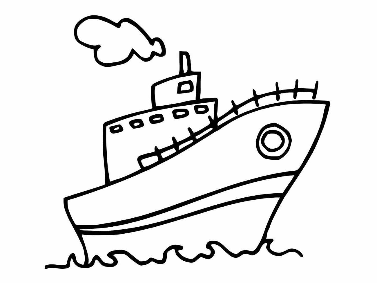 Desenho para colorir de um navio de carga com uma nuvem de fumaça saindo da chaminé.