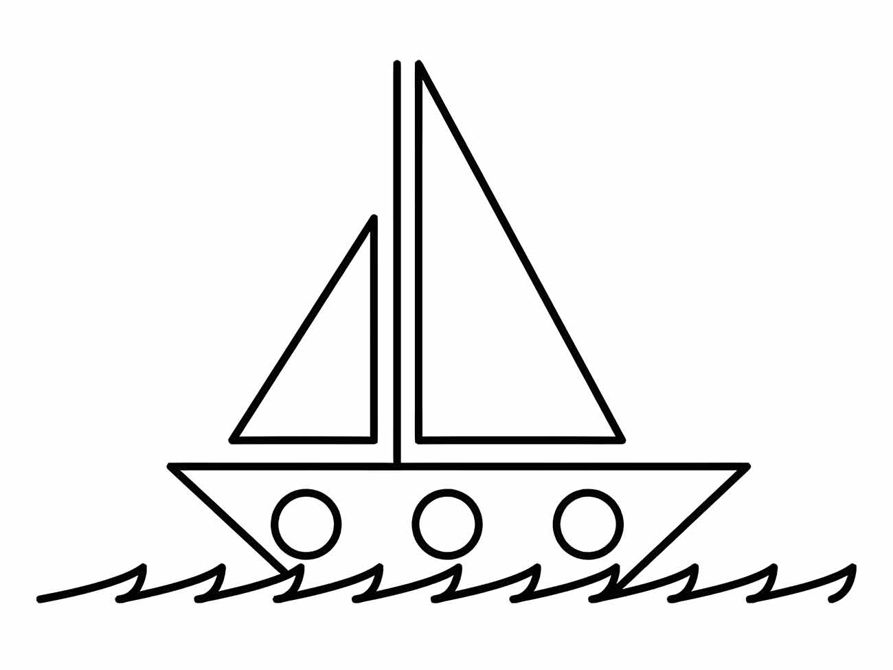 Desenho para colorir de um barco a vela simples navegando sobre ondas.