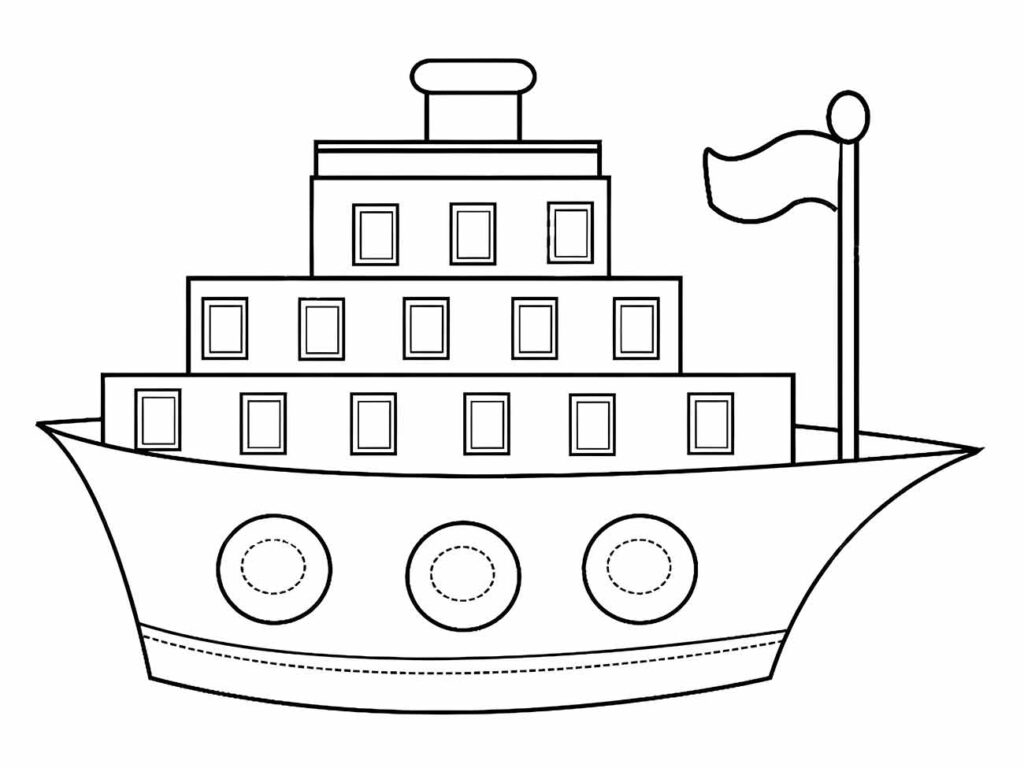 Desenho para colorir de um navio de cruzeiro com múltiplos andares e uma bandeira.