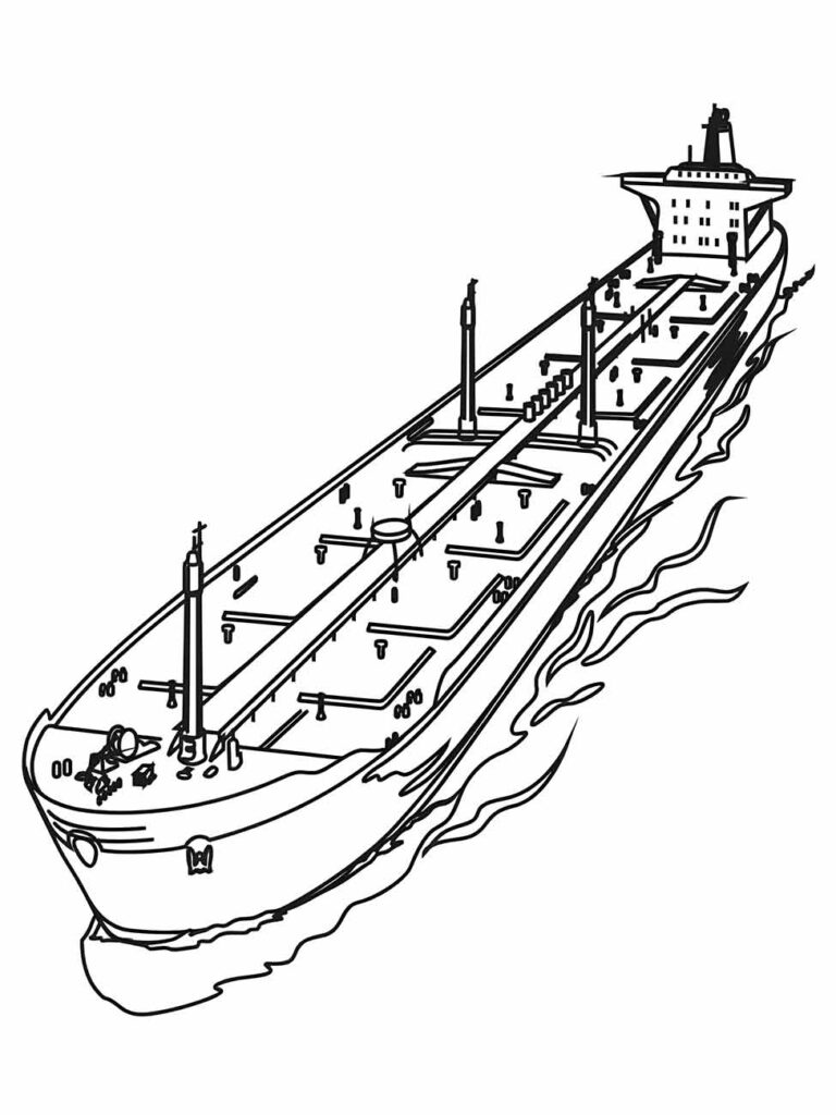 Desenho para colorir de um petroleiro longo com estruturas detalhadas.