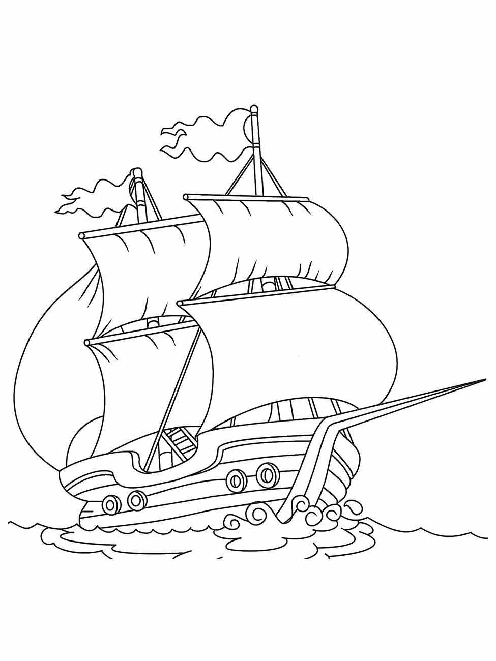 Desenho para colorir de um barco a vela antigo com velas cheias e ondas estilizadas.