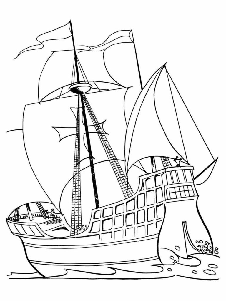 Desenho para colorir de um grande veleiro com velas detalhadas e a proa cortando as ondas.