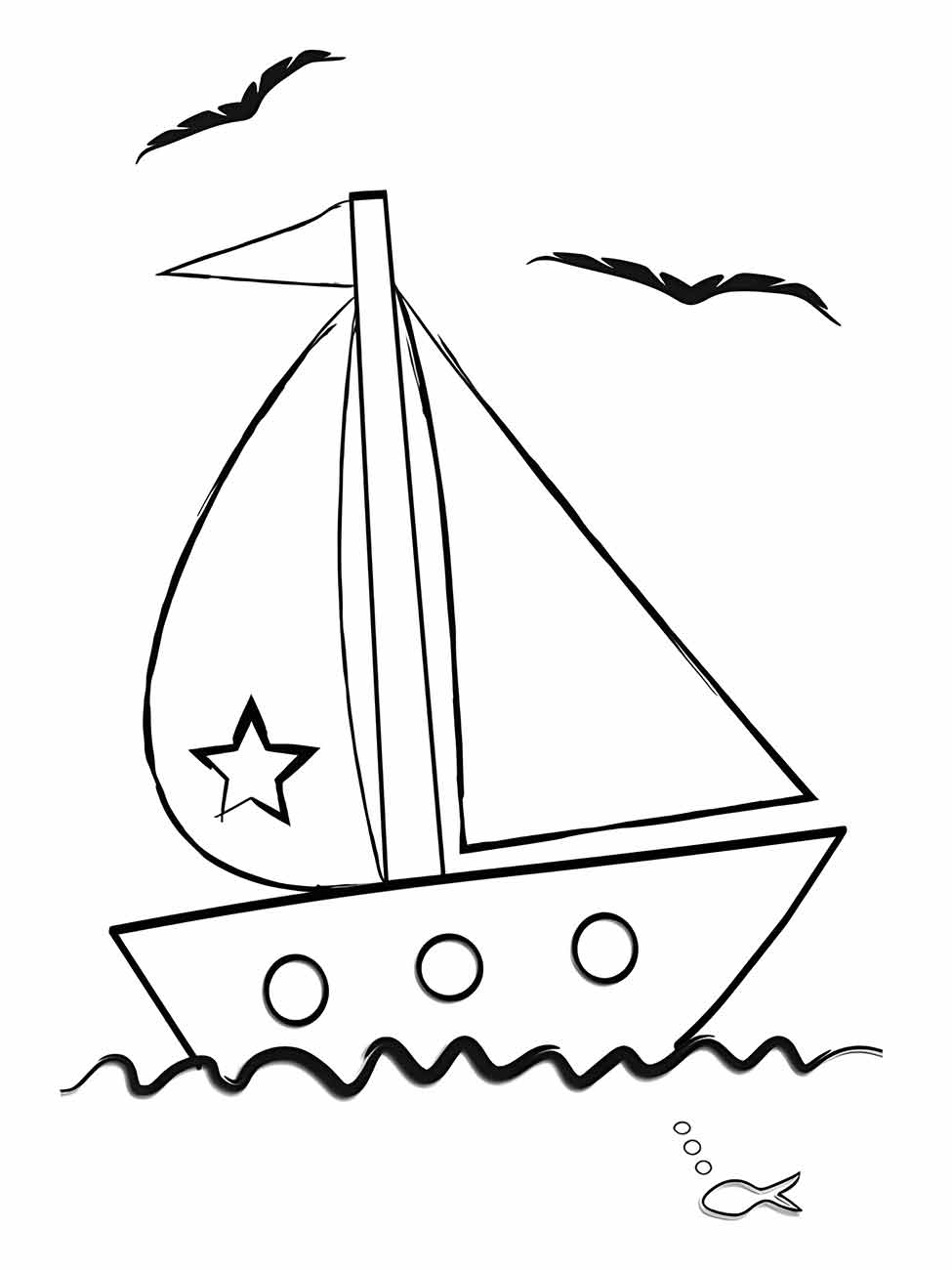 Desenho para colorir de um barco a vela estilizado com um peixe e pássaros ao redor.