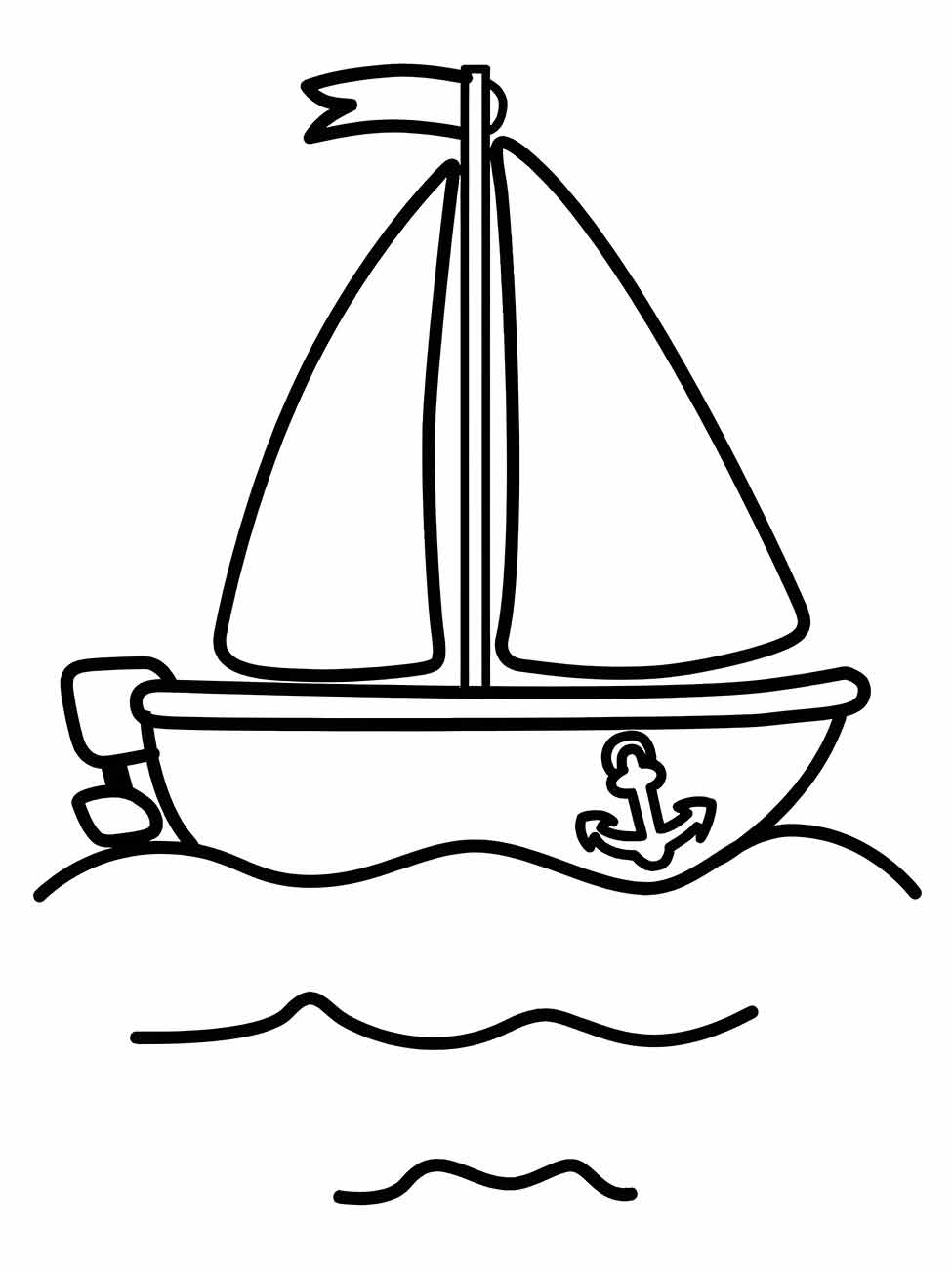 Desenho para colorir de um barco a vela com uma âncora na proa e uma bandeira no mastro.