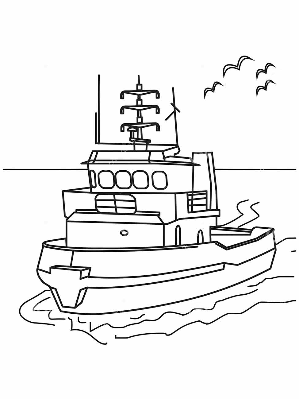 Desenho para colorir de um navio de pesquisa moderno com antenas e gaivotas ao fundo.