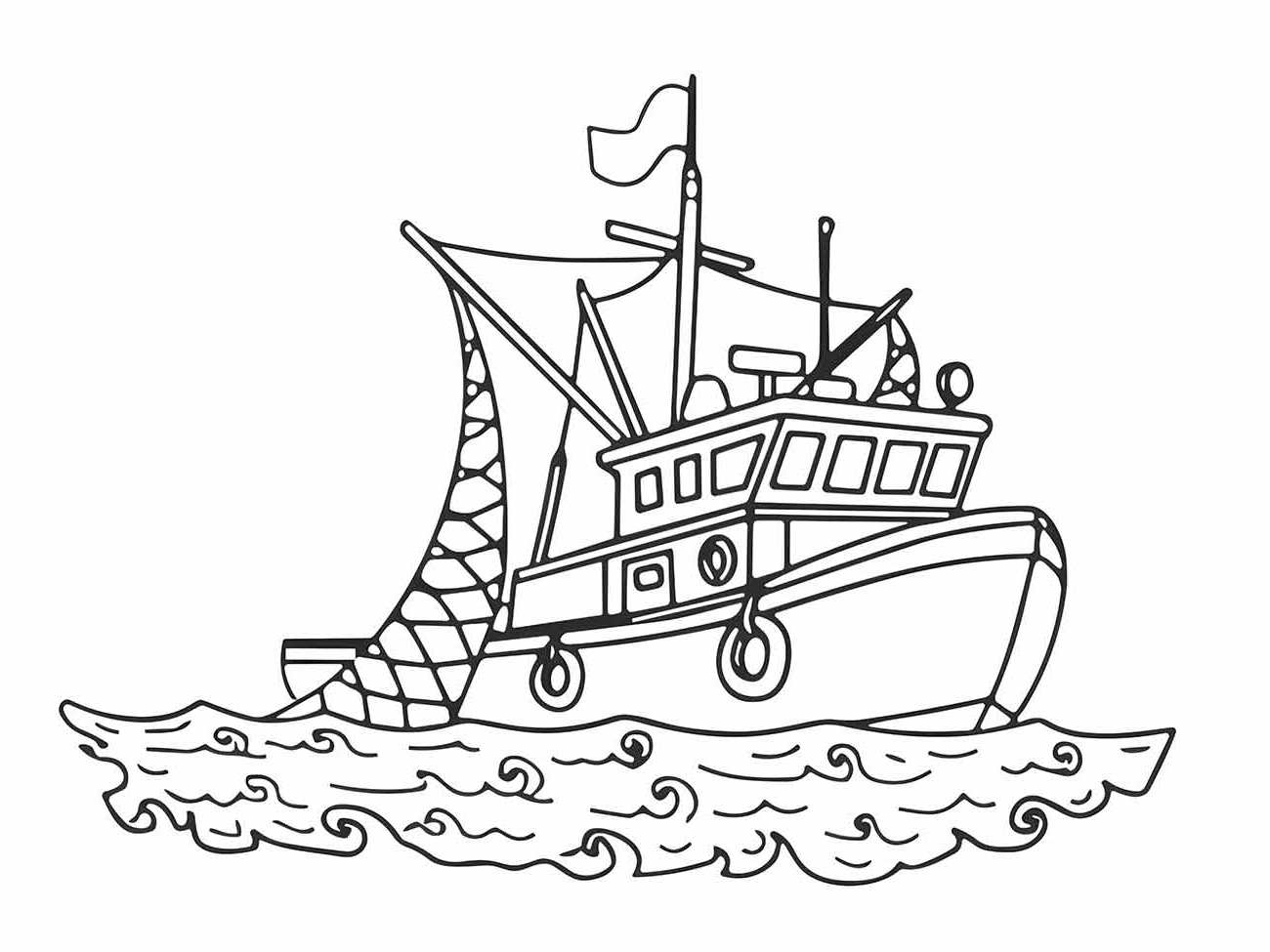 Desenho para colorir de um barco de pesca com redes e uma bandeira no alto do mastro.