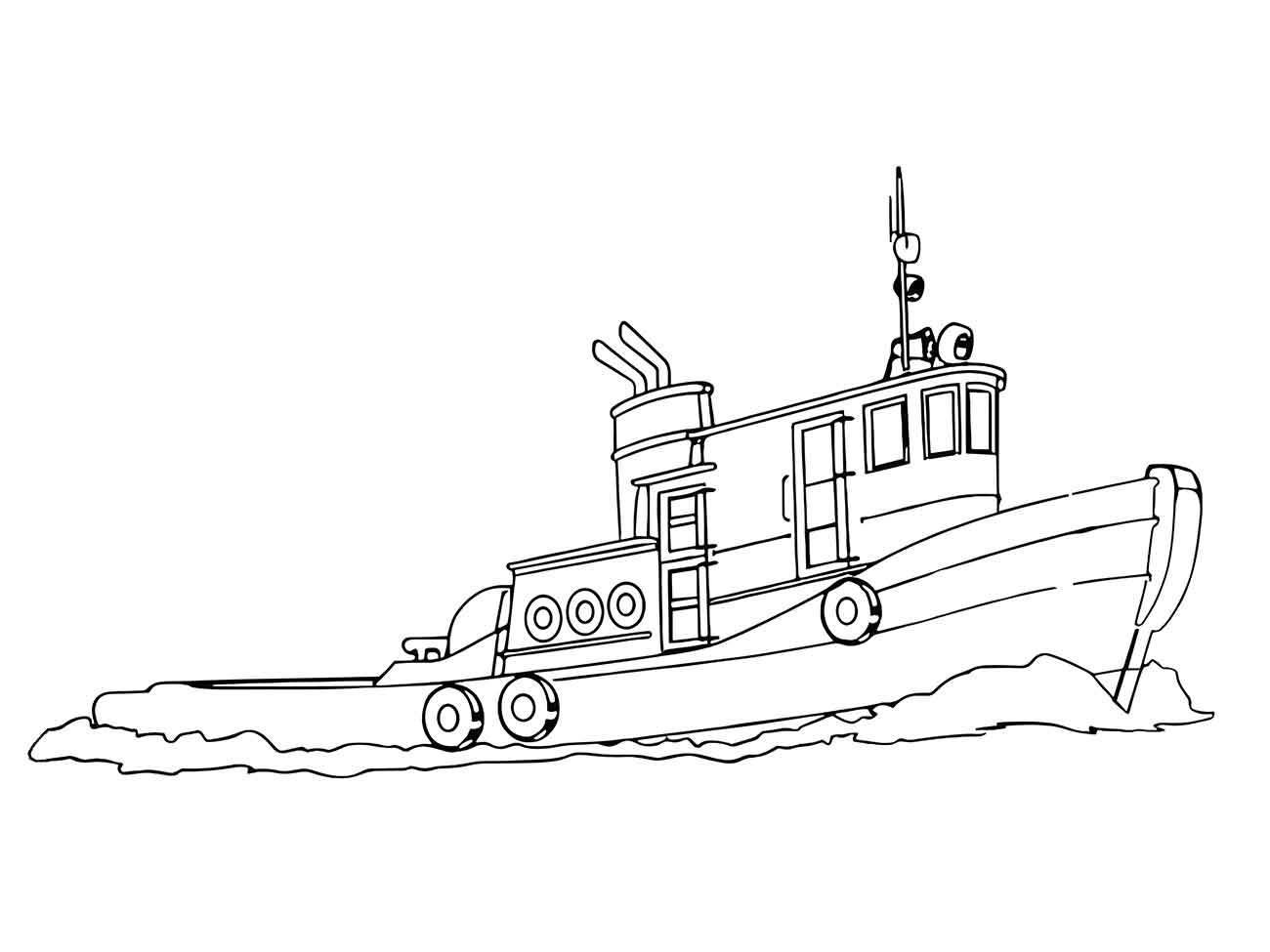 Desenho para colorir de um barco de pesca com cabine e equipamentos no convés.