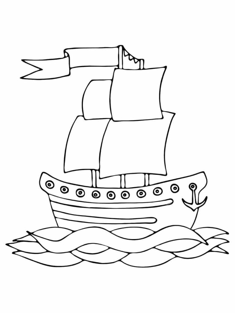 Desenho para colorir de um barco com velas detalhadas e uma bandeira ondulante no mastro.