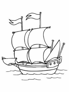 Desenho para colorir de um barco a vela com duas velas grandes.