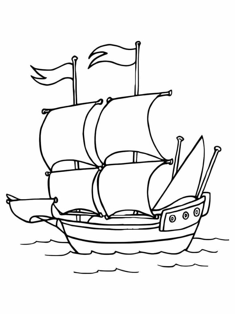 Desenho para colorir de um barco a vela com duas velas grandes.