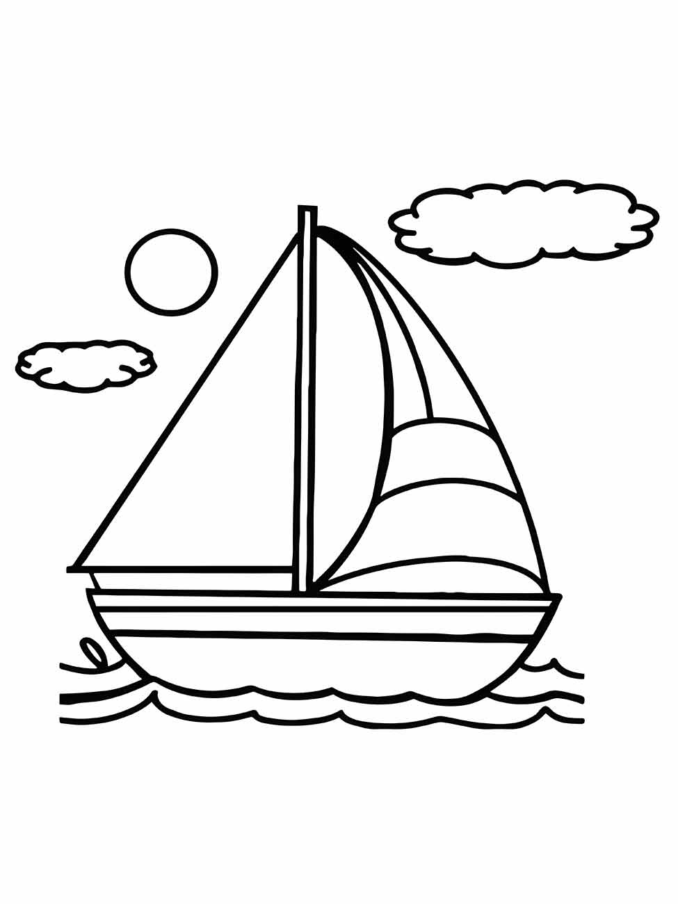 Desenho para colorir de um barco a vela no mar sob o sol e nuvens.