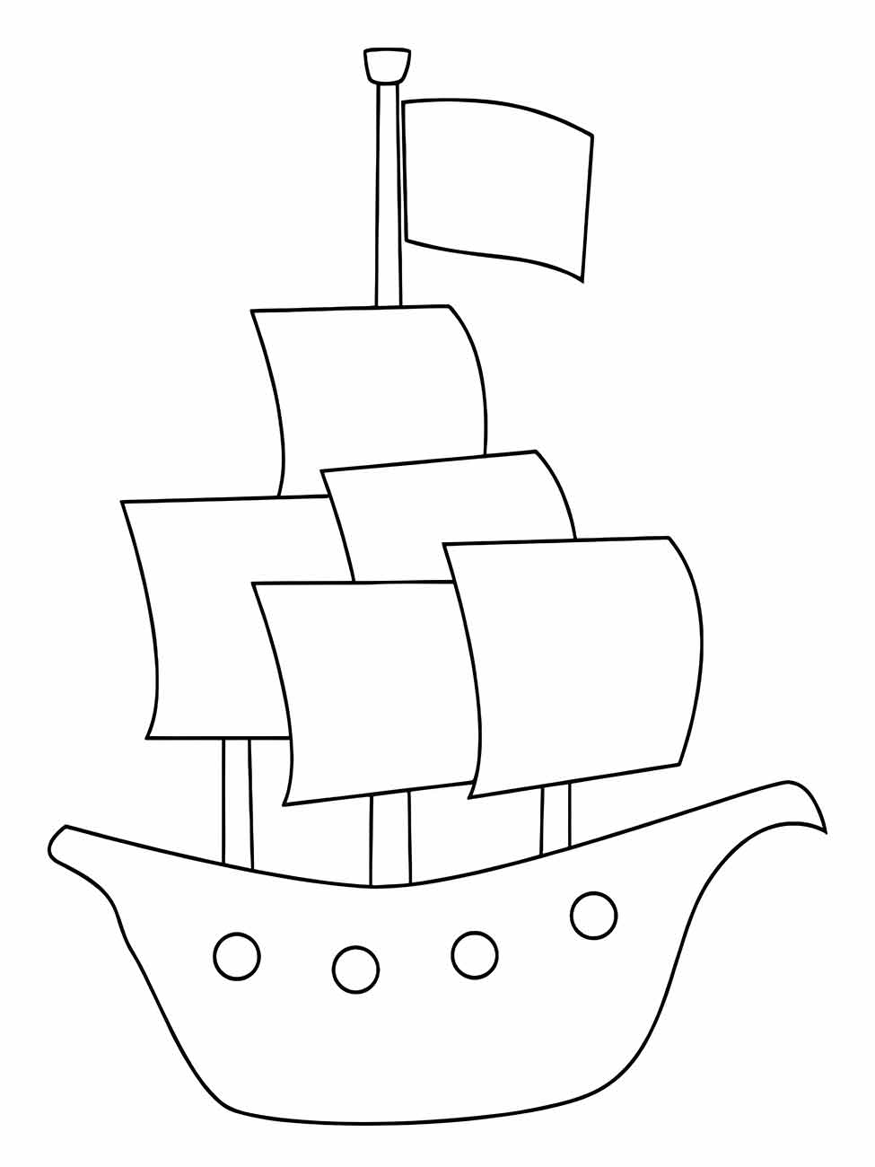 Desenho para colorir de um barco a vela com várias velas e uma bandeira no topo.