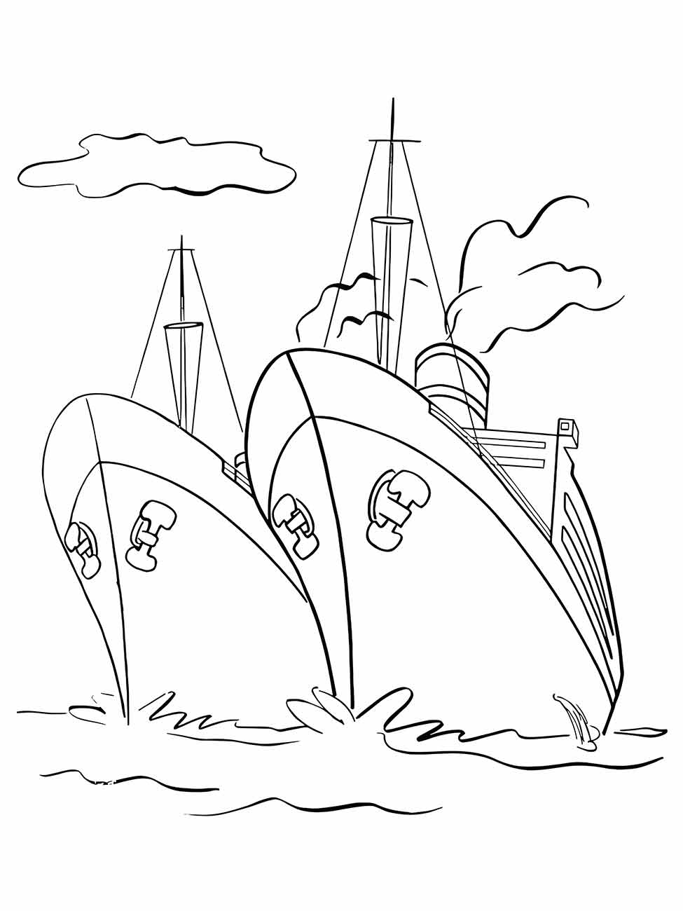 Desenho para colorir de dois navios em perfil, com ondas quebrando na proa.