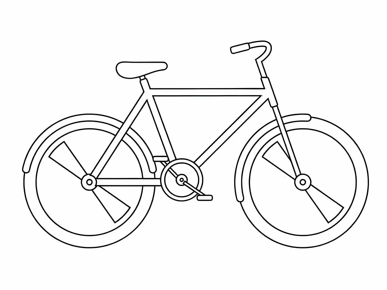 Desenho de uma bicicleta urbana para colorir com quadro reto e pedais simples.