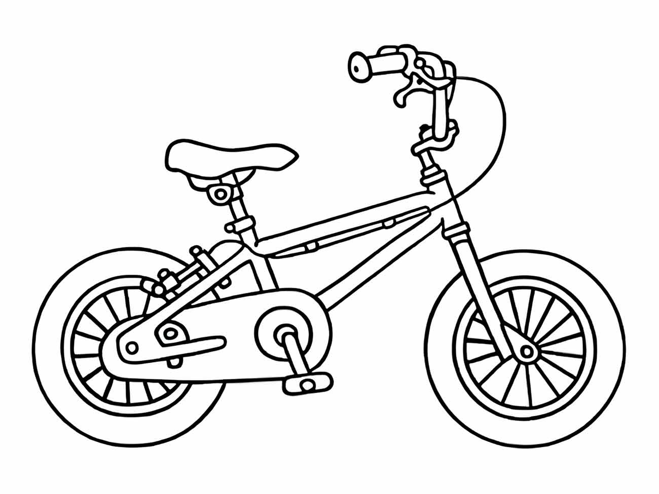 Desenho de uma bicicleta infantil para colorir com proteção de corrente e estilo divertido.