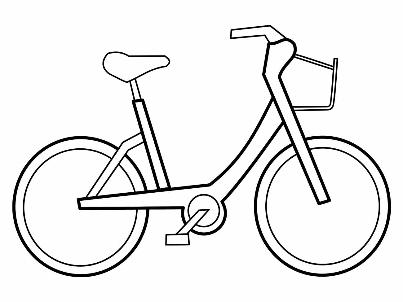 Desenho de uma bicicleta casual para colorir com cesto dianteiro e estrutura confortável.