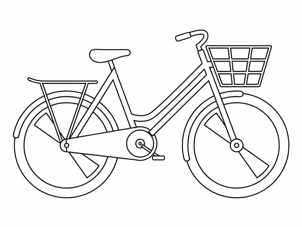 Desenho de uma bicicleta para colorir com bagageiro traseiro e cesto frontal.