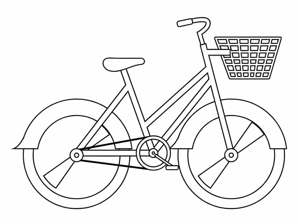 Desenho de uma bicicleta para colorir e imprimir, com linhas clássicas e cesto dianteiro.