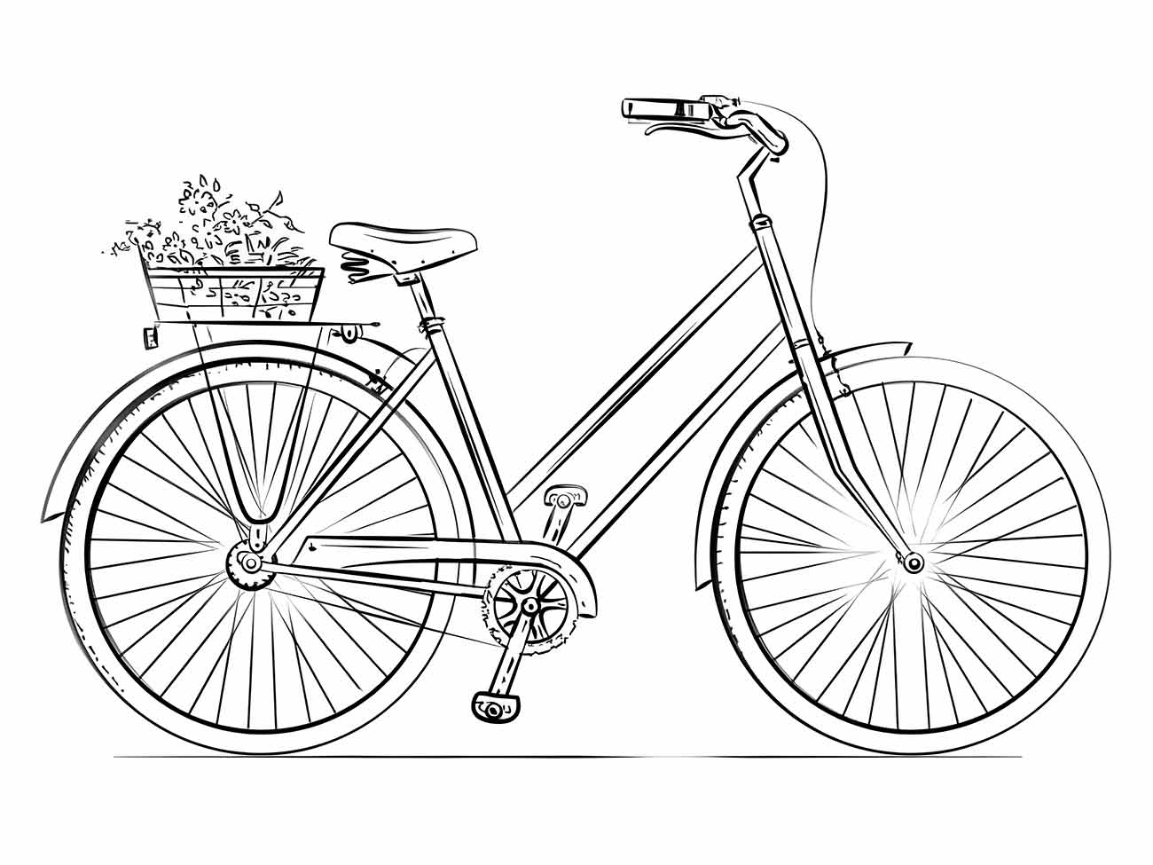 Desenho de bicicleta com cesto de flores para colorir.