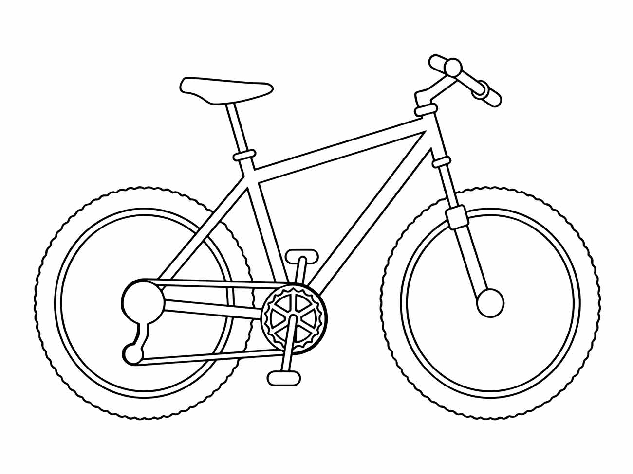 Desenho de uma mountain bike para colorir com pneus tracionados e suspensão dianteira.