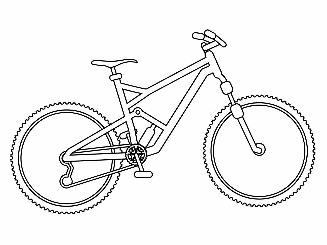 Desenho de uma mountain bike com suspensão dianteira para colorir, ideal para entusiastas do ciclismo de trilhas.