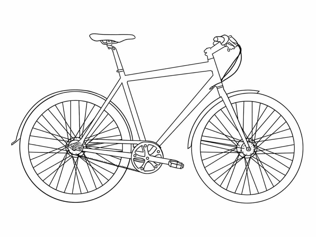 Desenho de uma bicicleta de estrada para colorir, com quadro leve e guidão de corrida.