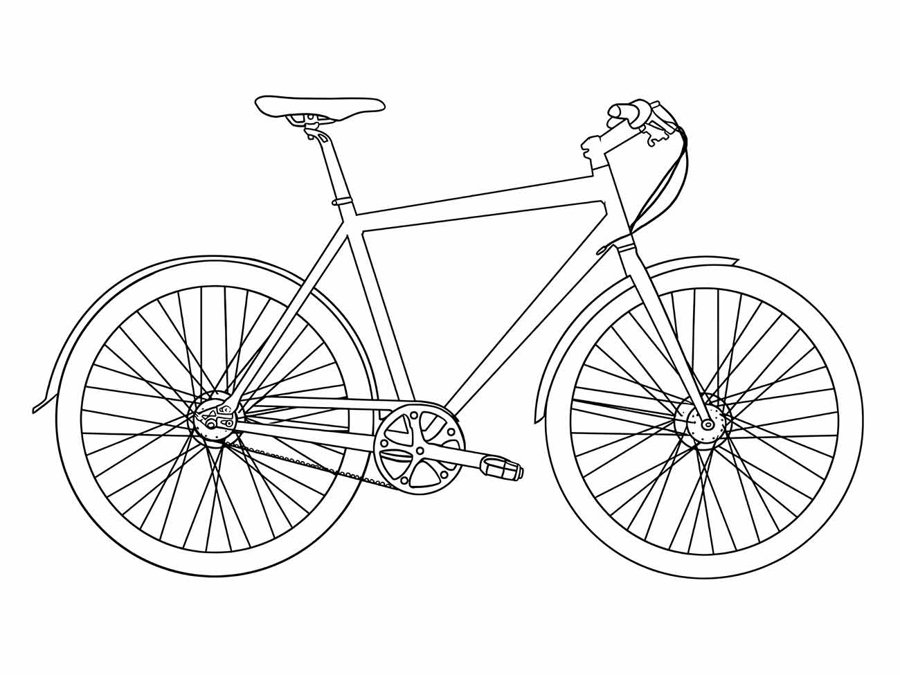 Desenho de uma bicicleta de estrada para colorir, com quadro leve e guidão de corrida.