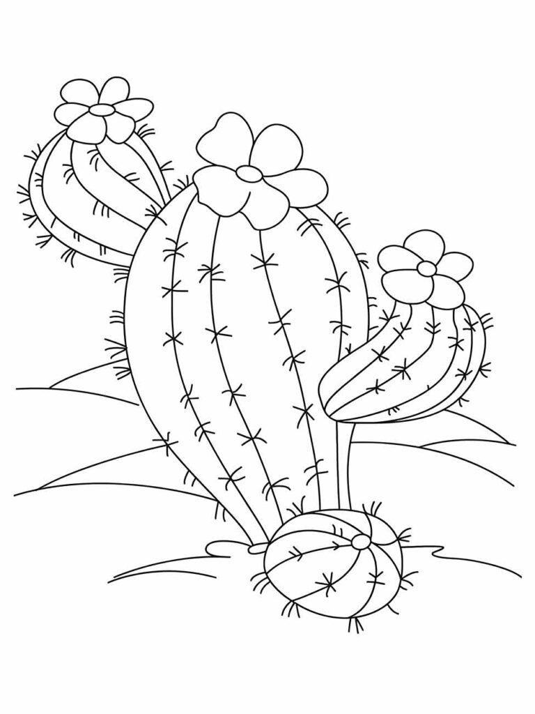 Desenho de um cacto para colorir adornado com flores no topo de suas projeções, perfeito para coloração.