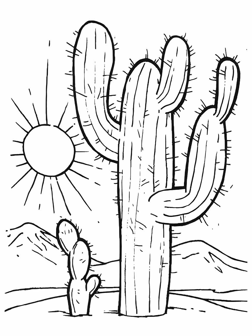 Desenho para colorir de cactos no deserto com sol radiante, pronto para ser pintado.