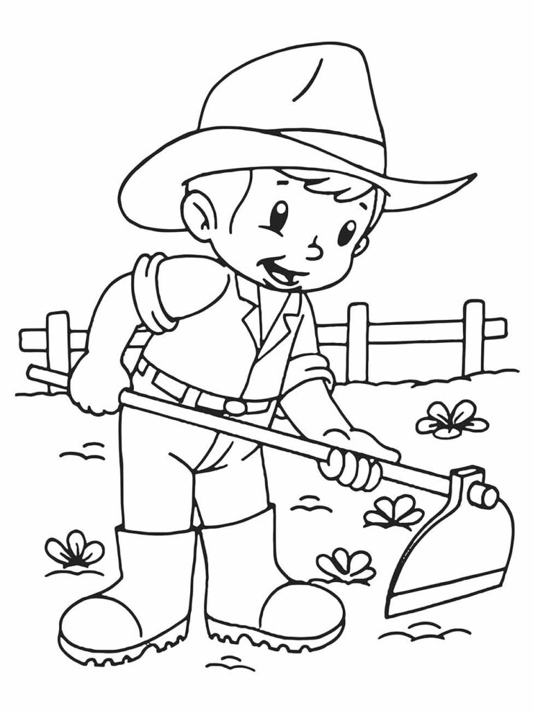 Desenhos para desenhar de um jovem agricultor com chapéu, segurando uma enxada.