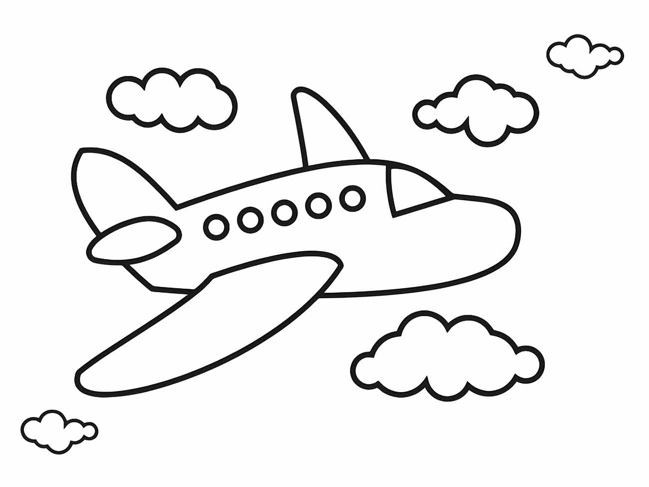 Desenho para colorir de um avião estilo cartoon com janelas redondas, voando entre nuvens, ideal para um público infanti