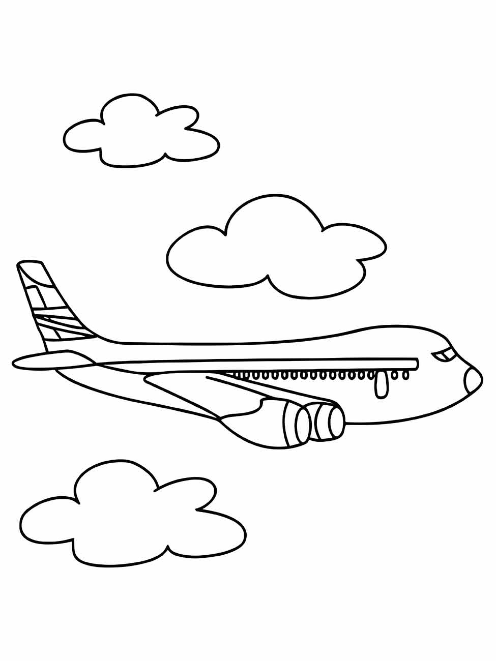 Desenho para colorir de um avião comercial moderno com duas turbinas, visto de lado, voando entre nuvens, com detalhes das janelas e da cauda.