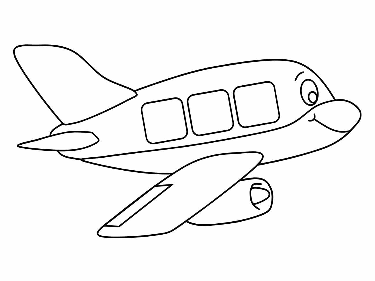 Desenho para colorir de um avião de passageiros com características de desenho animado, incluindo olhos e boca, para um público infantil.