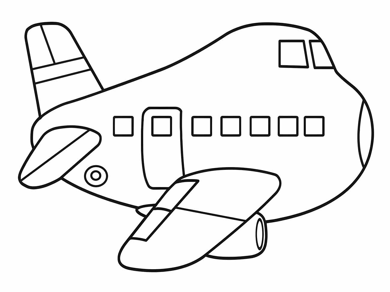 Desenho para colorir de um avião de carga ou transporte robusto, visto de perfil, com grandes asas, janelas quadradas