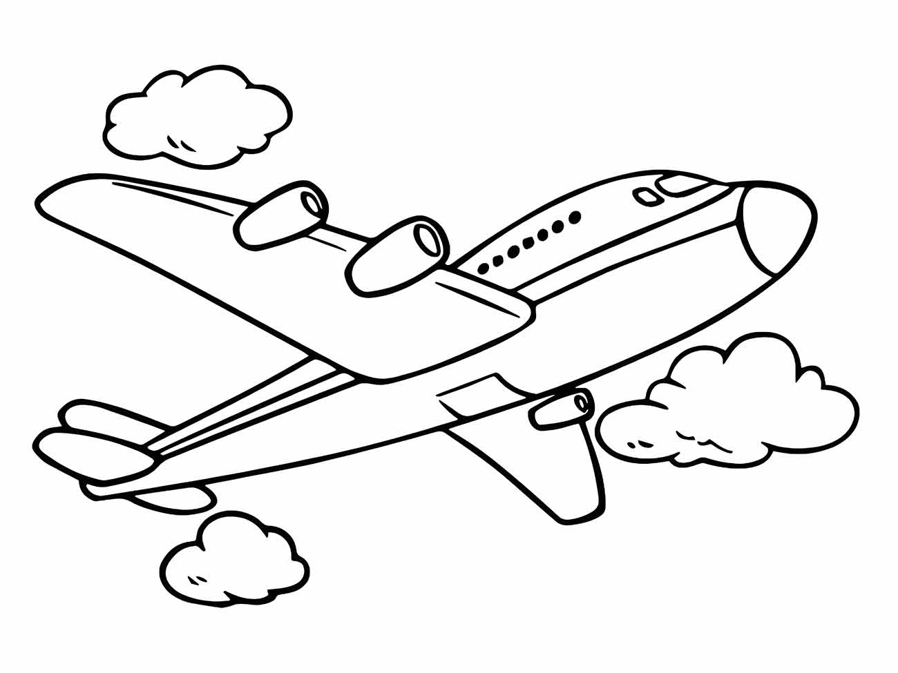 Desenho para colorir de um avião comercial, asas anguladas para trás e uma cauda vertical, voando entre nuvens.