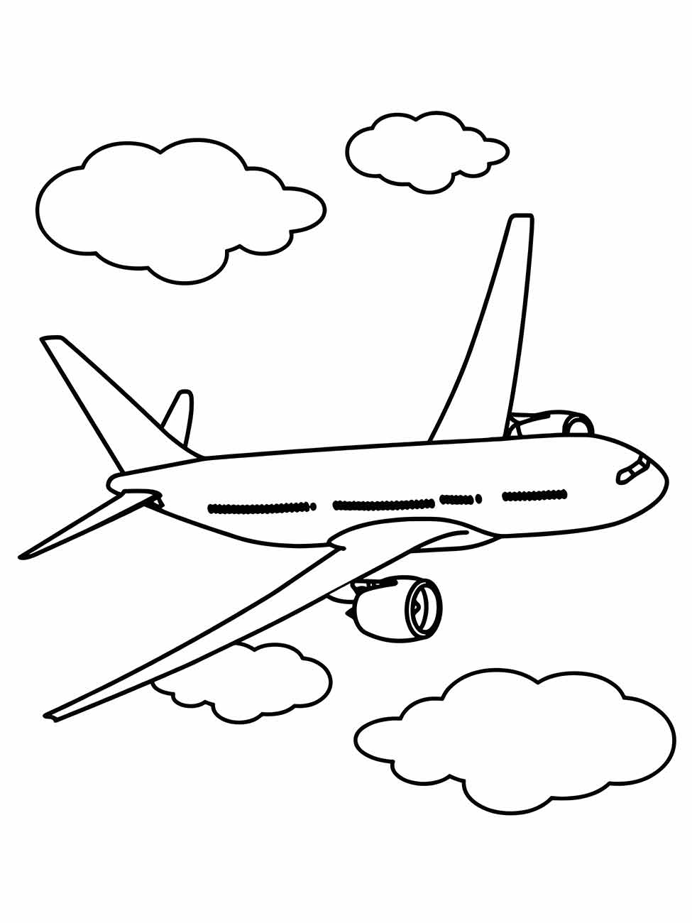 Desenho para colorir de um avião comercial com uma turbina em cada asa, visto de perfil, com cauda vertical e nuvens ao redo