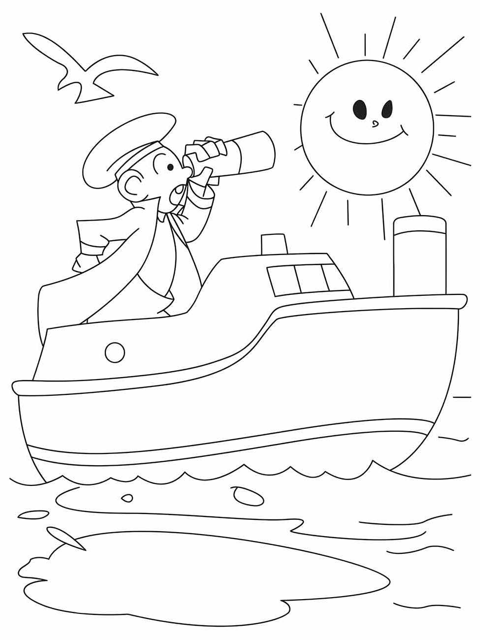 Desenho para colorir de um marinheiro em um barco olhando pelo binóculo com um sol sorridente ao fundo.