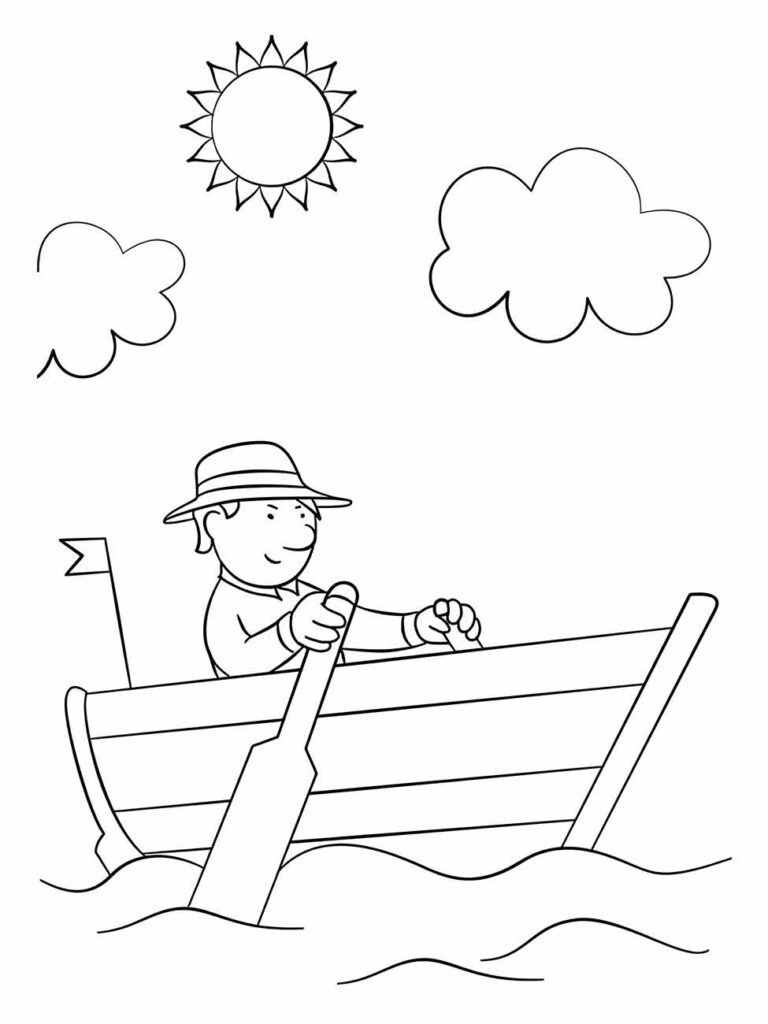 Desenho para colorir de um homem remando em um pequeno barco sob o sol com nuvens ao redor.