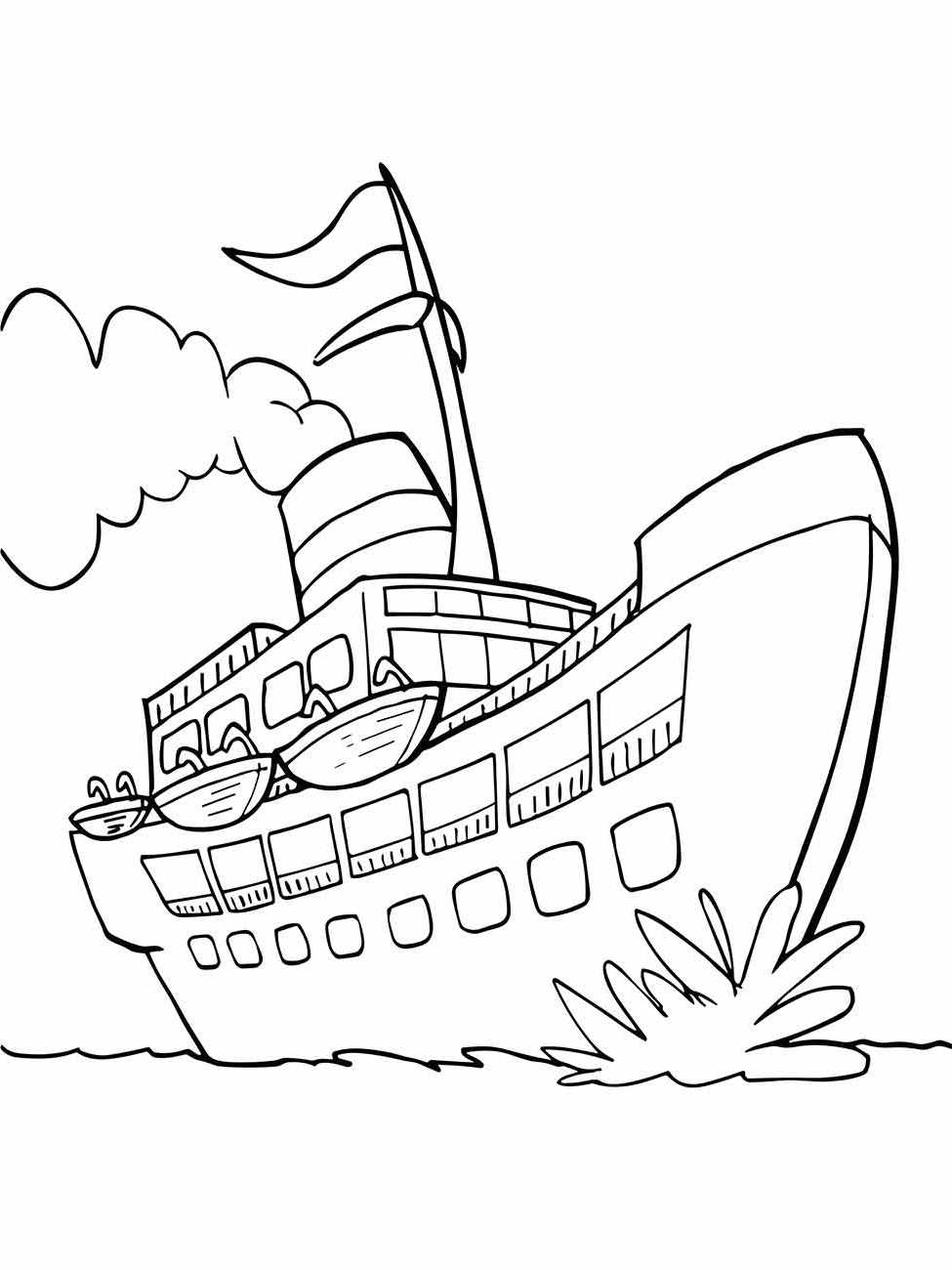 Desenho para colorir de um navio de passageiros com chaminé fumegante e uma bandeira no mastro.