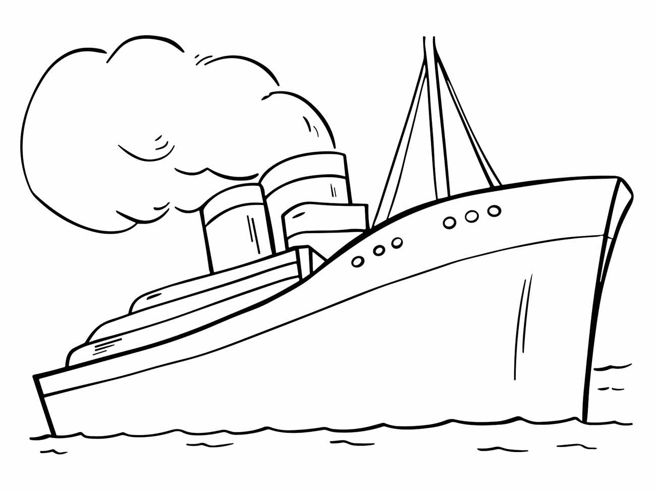 Desenho para colorir de um grande navio transatlântico com chaminés e uma nuvem de fumaça.