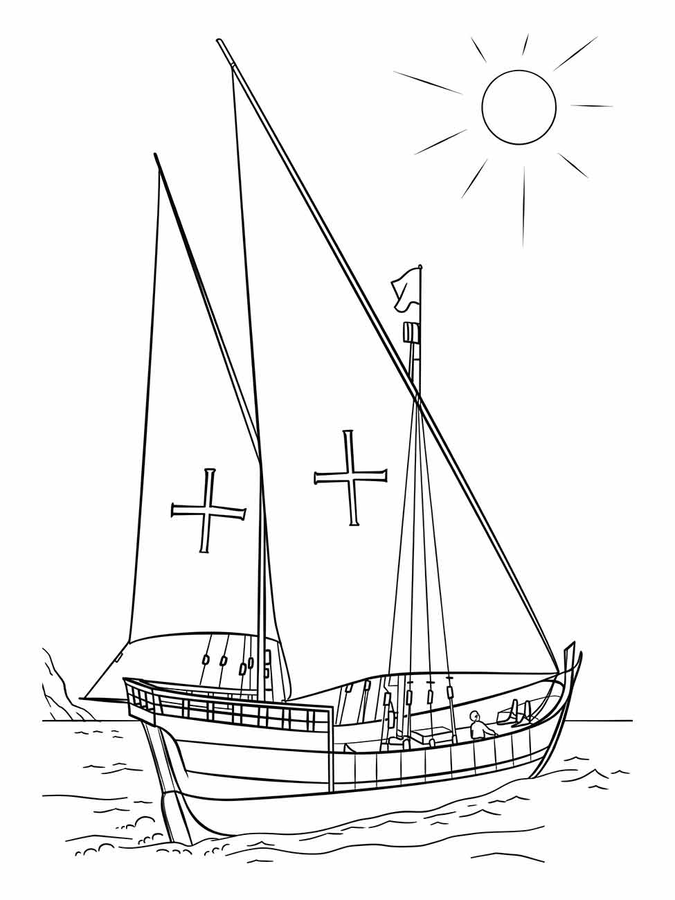 Desenho para colorir de um barco a vela antigo navegando sob o sol brilhante com cruzes nas velas.