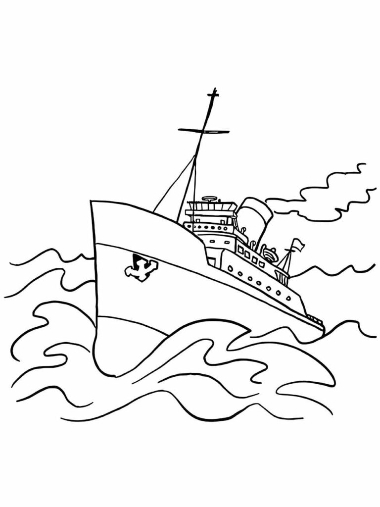 Desenho para colorir de um barco a vapor com chaminé fumegante no mar agitado.