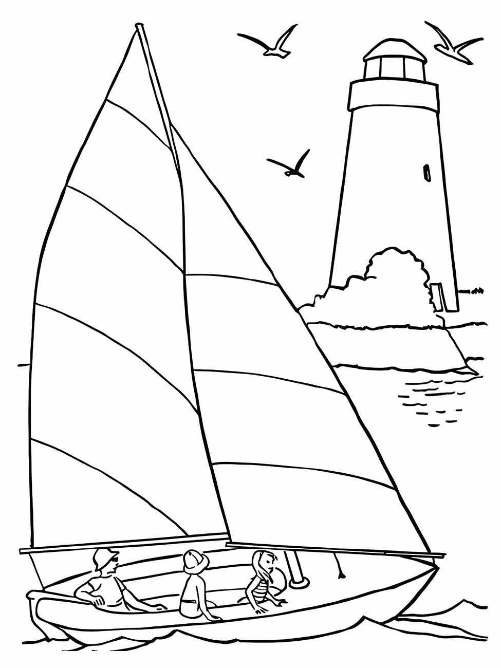 Desenho para colorir de um barco a vela com pessoas a bordo e um farol ao fundo.