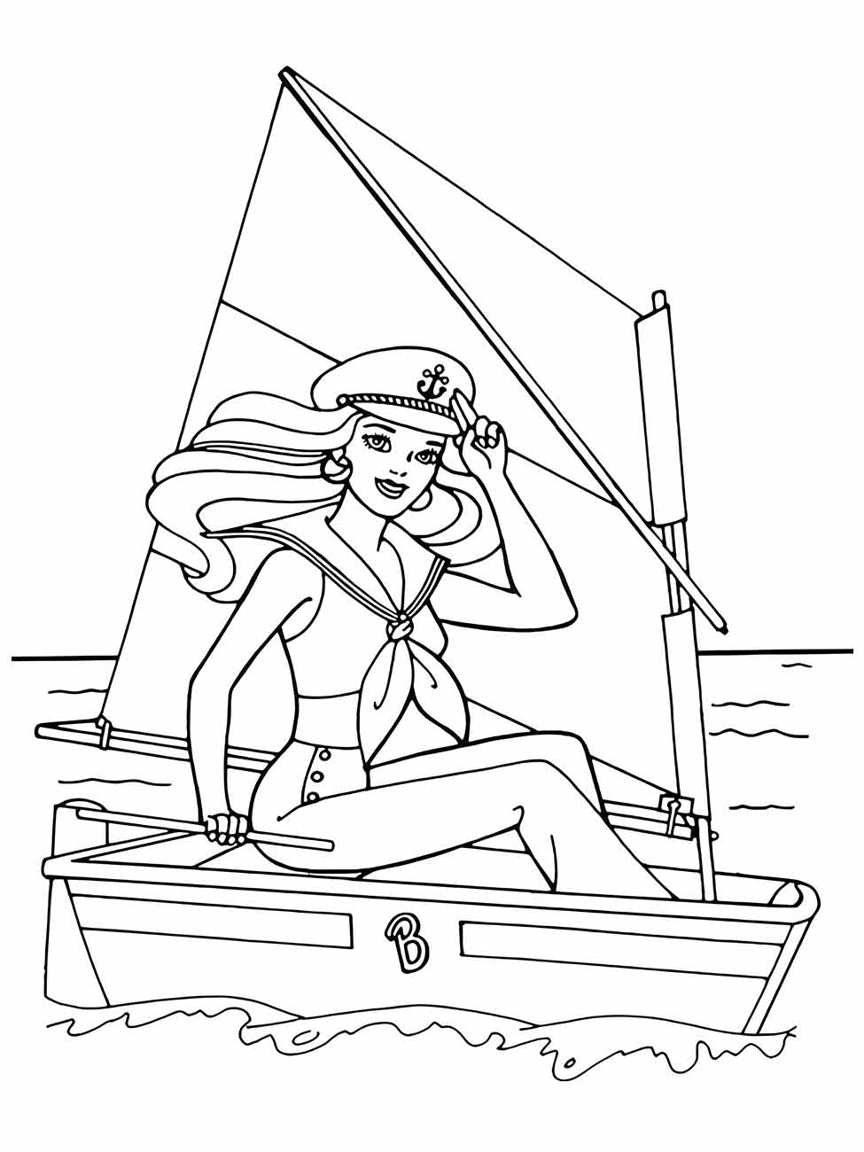 Desenho para colorir de uma mulher marinheira saudando no seu barco a vela.