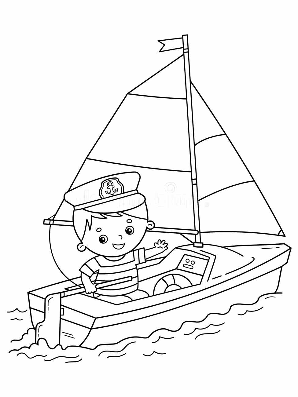 Desenho para colorir de uma criança sorridente acenando no seu barco a vela.