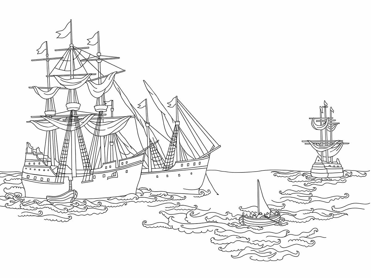 Desenho para colorir de vários barcos históricos com velas navegando no mar.