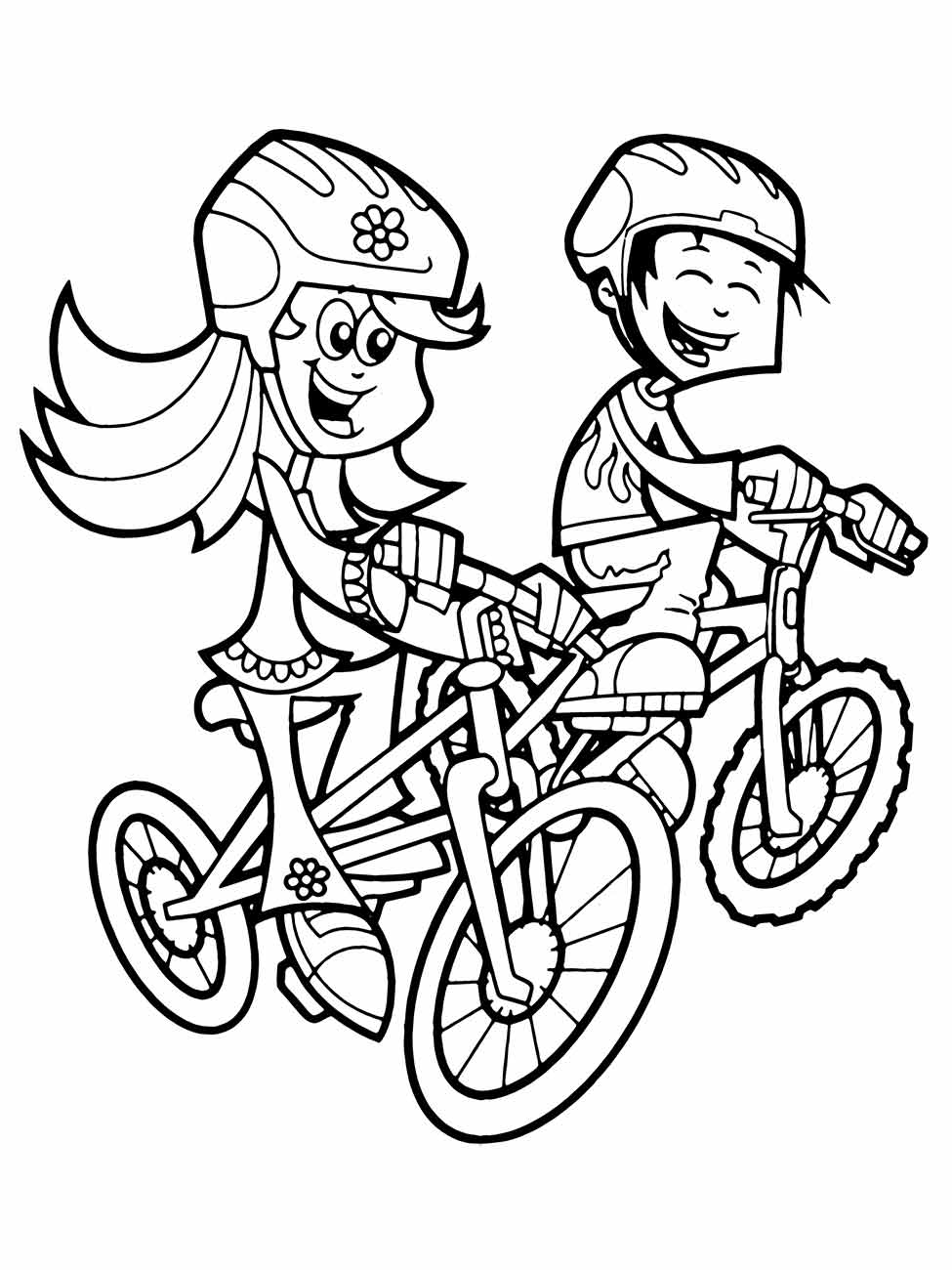 Desenho de crianças em bicicletas para colorir, com detalhes de capacetes e roupas.